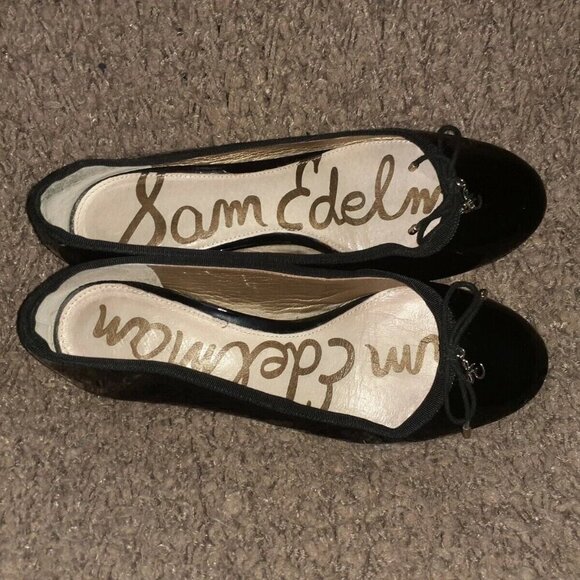 SAM EDELMAN-Natalie-Black Patent Leather-Ribbon Trim-Bow-Gold Heel-7.5-Near Mint - Picture 7 of 8